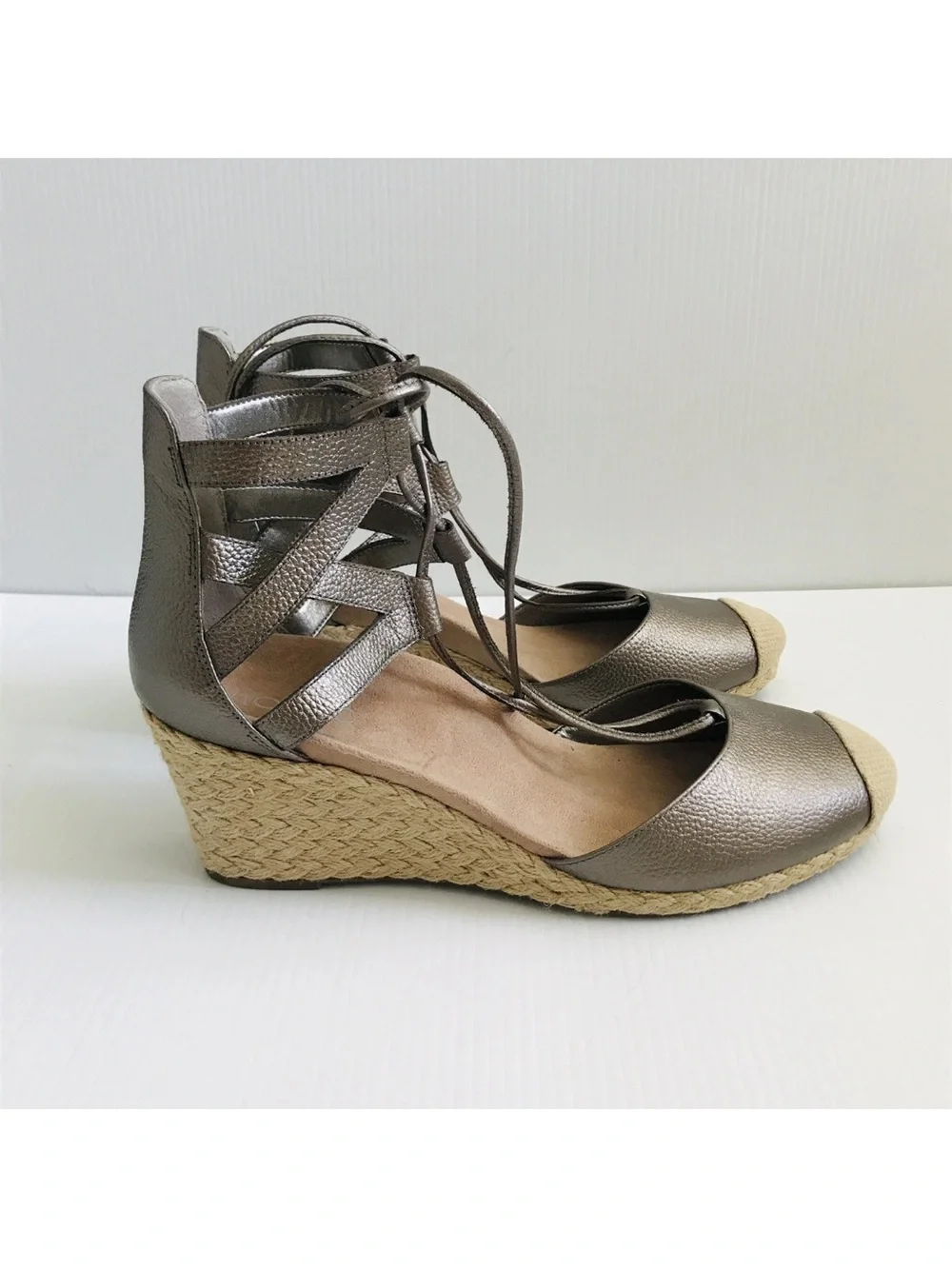 Vionic Metallic Silver Aruba Calypso Espadrille Sandals Jute Wedge Shoes Sz 10